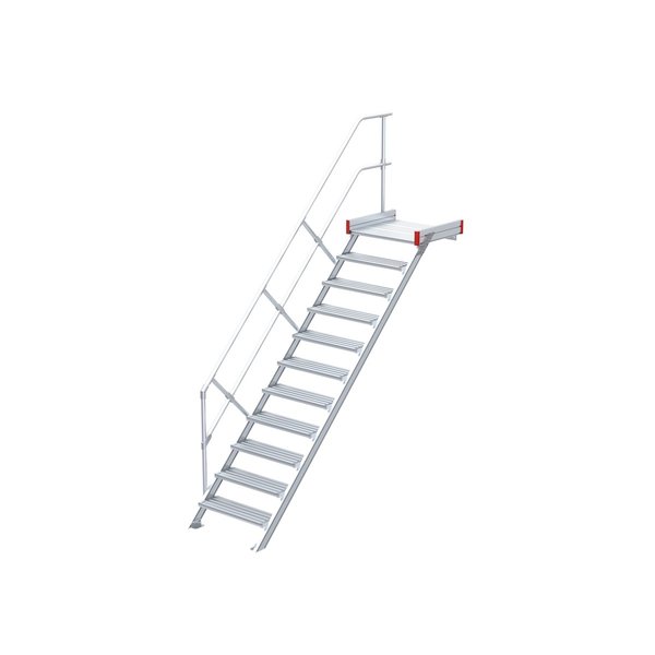 Euroline Podesttreppe 45 Grad, 800 mm Stufenbreite, 1 Treppen-/Podestgeländer, Stufenausführung Alu – gerieft 11 Stufen