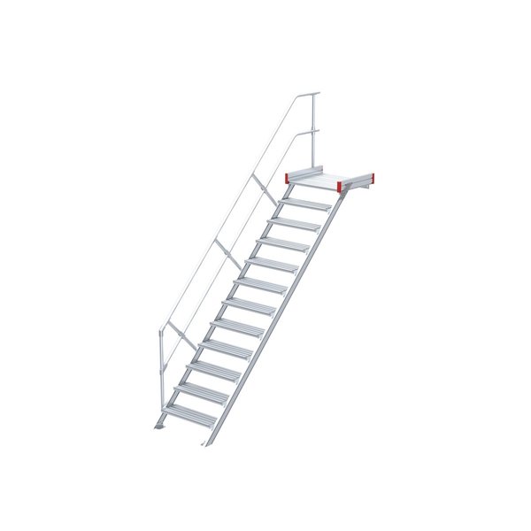 Euroline Podesttreppe 45 Grad, 800 mm Stufenbreite, 1 Treppen-/Podestgeländer, Stufenausführung Alu – gerieft 12 Stufen