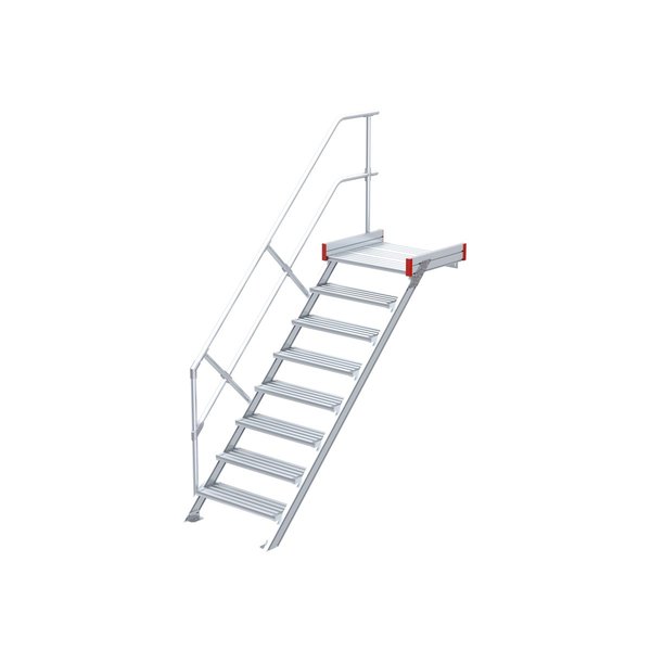 Euroline Podesttreppe 45 Grad, 1000 mm Stufenbreite, 1 Treppen-/Podestgeländer, Stufenausführung Alu – gerieft 8 Stufen