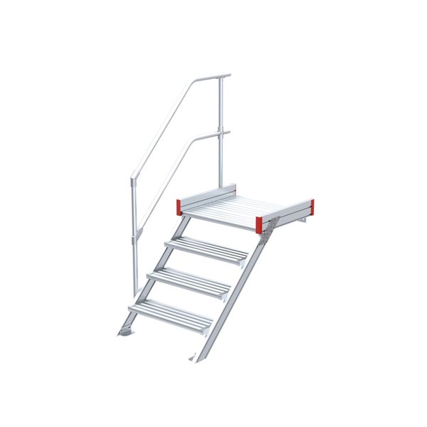 Euroline Podesttreppe 45 Grad, 1000 mm Stufenbreite, 1 Treppen-/Podestgeländer, Stufenausführung Alu – gerieft 4 Stufen