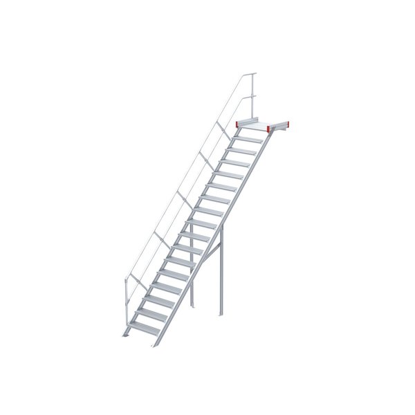 Euroline Podesttreppe 45 Grad, 800 mm Stufenbreite, 1 Treppen-/Podestgeländer, Stufenausführung Alu – gerieft 17 Stufen