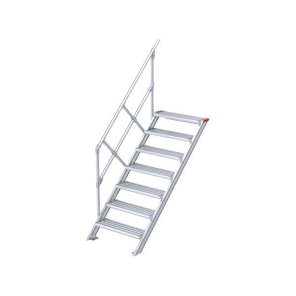 Euroline Treppe 45 Grad, 800 mm Stufenbreite, 1 Handlauf, Stufenausführung Alu – gerieft 7 Stufen