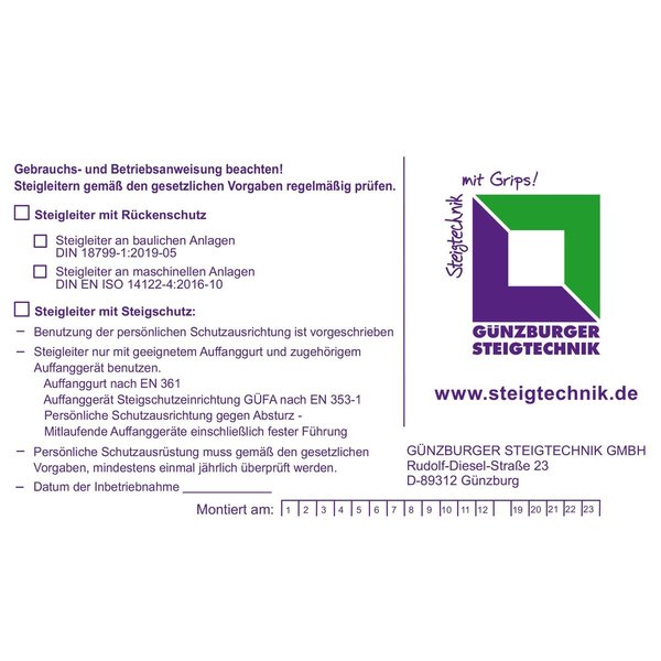 Günzburger Steigtechnik Kennzeichnungsschild für Steigschutzeinrichtung f. Steigschutz