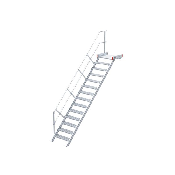 Euroline Podesttreppe 45 Grad, 800 mm Stufenbreite, 1 Treppen-/Podestgeländer, Stufenausführung Alu – gerieft 14 Stufen